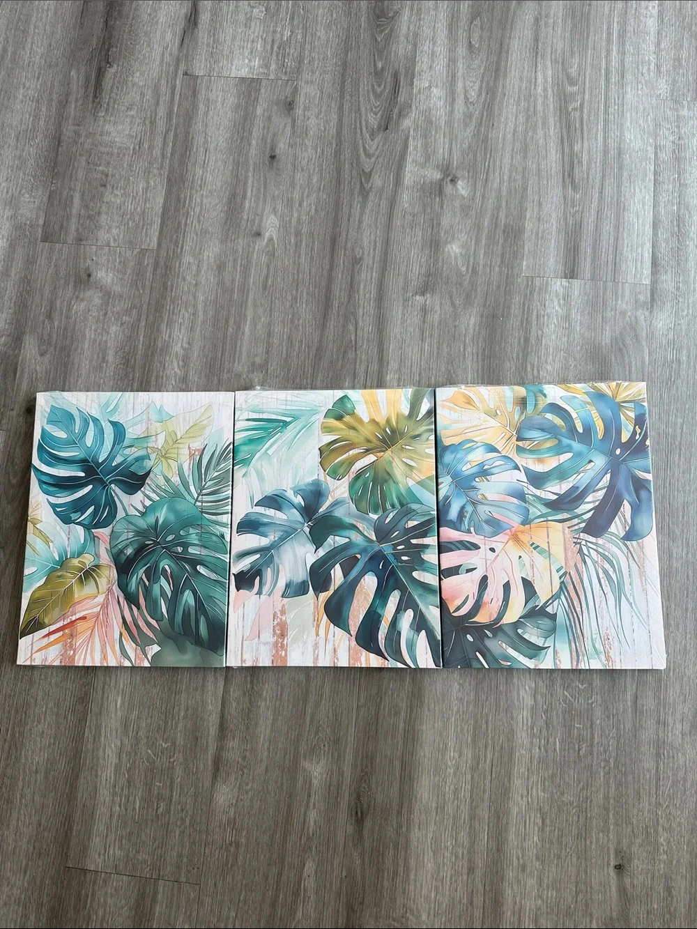 🆕 set of 3 12in x 16in Tropical Monstera Triptych Wall Art - Teal & Coral